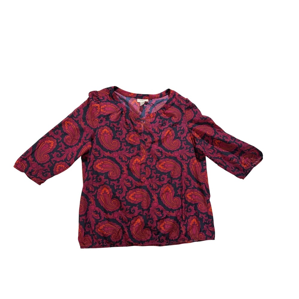 LOFT Navy Pink Paisley Print Blouse 3/4 Sleeve Split Neck Size M